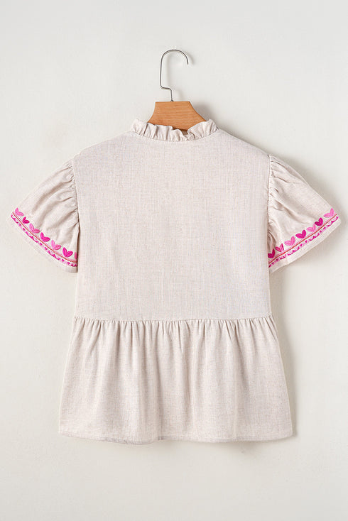 Beige Floral Embroidered Short Sleeve Notched V Neck Blouse