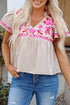 Beige Floral Embroidered Short Sleeve Notched V Neck Blouse