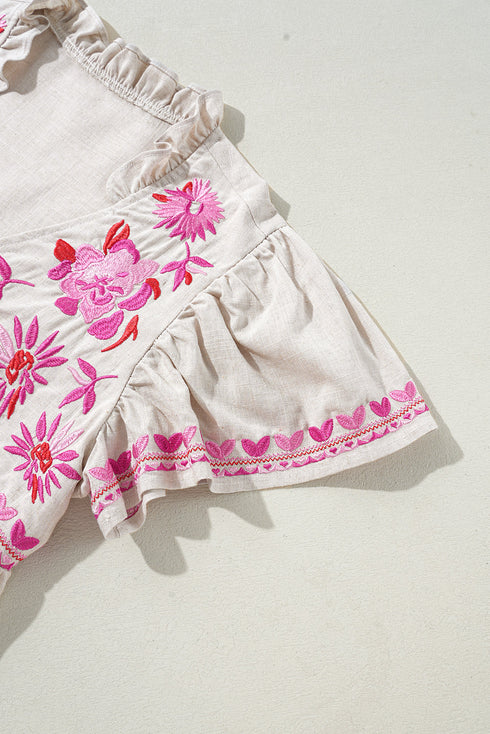 Beige Floral Embroidered Short Sleeve Notched V Neck Blouse