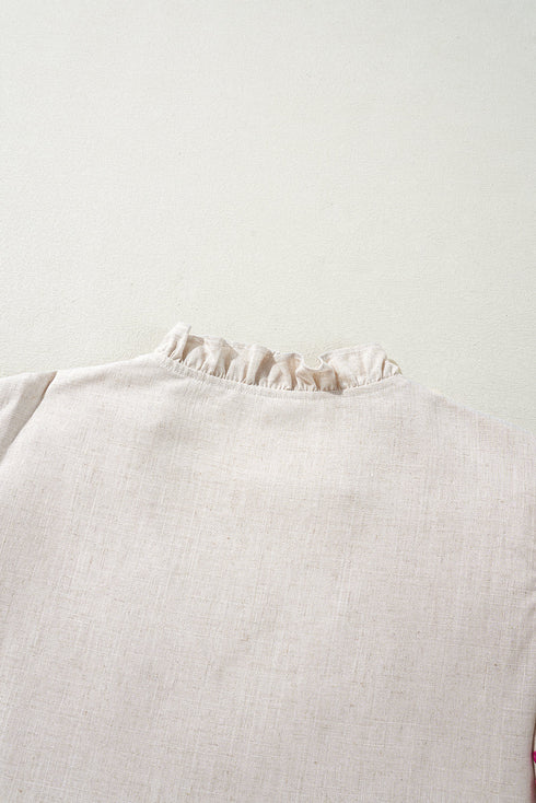 Beige Floral Embroidered Short Sleeve Notched V Neck Blouse