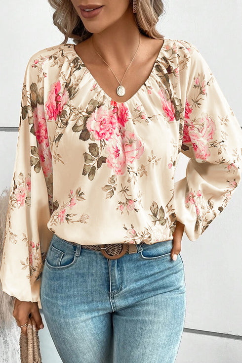 Beige Floral Print Lantern Sleeve V-Neck Blouse