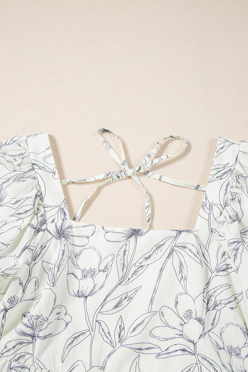 Beige Floral Print Square Neck Shirred Back Puff Sleeve Mini Dress