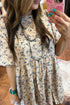 Beige Floral Puff Short Sleeve Empire Waist Mini Dress