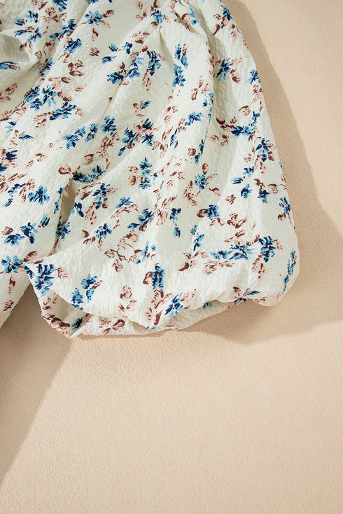 Beige Floral Puff Short Sleeve Empire Waist Mini Dress