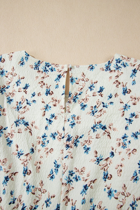 Beige Floral Puff Short Sleeve Empire Waist Mini Dress