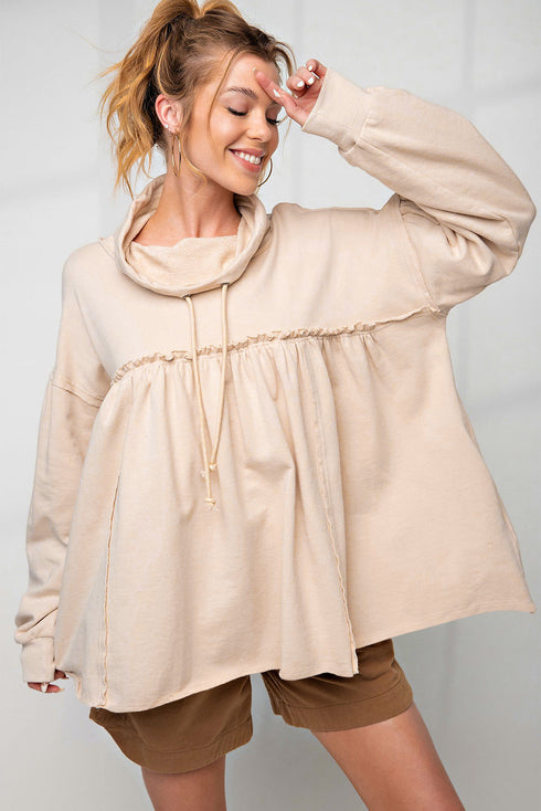 Beige Frill Exposed Seam Cowl Neck Oversized Sweatshirt