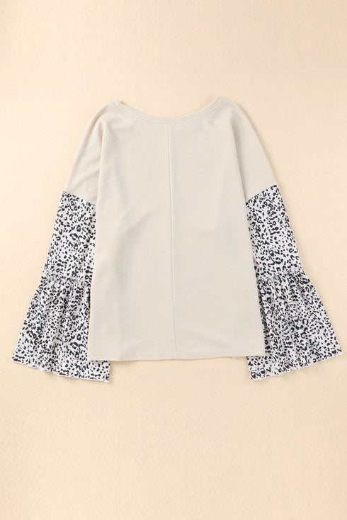 Beige Leopard Bell Sleeve Patchwork Plus Size Top