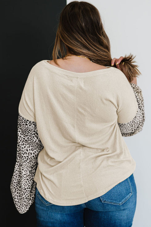 Beige Leopard Bell Sleeve Patchwork Plus Size Top