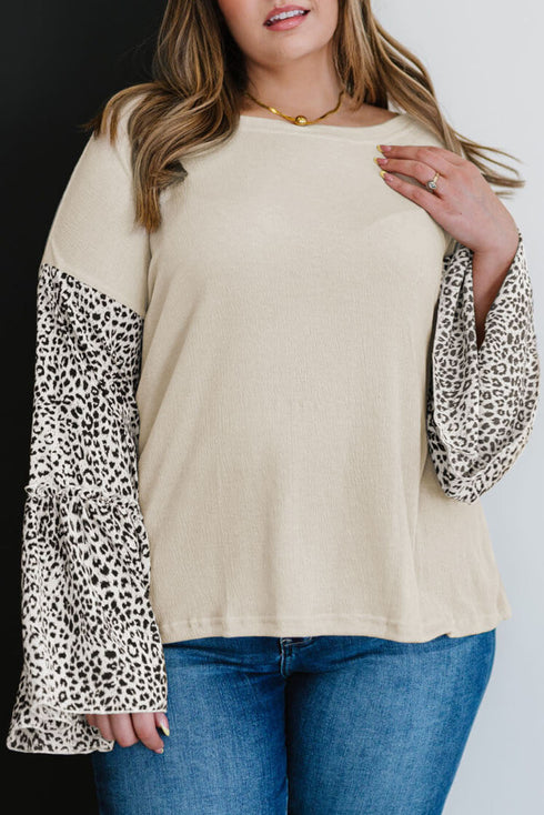 Beige Leopard Bell Sleeve Patchwork Plus Size Top