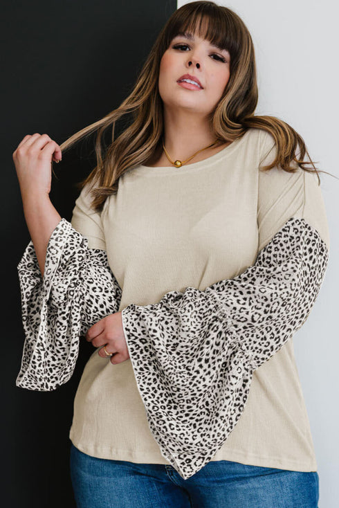 Beige Leopard Bell Sleeve Patchwork Plus Size Top