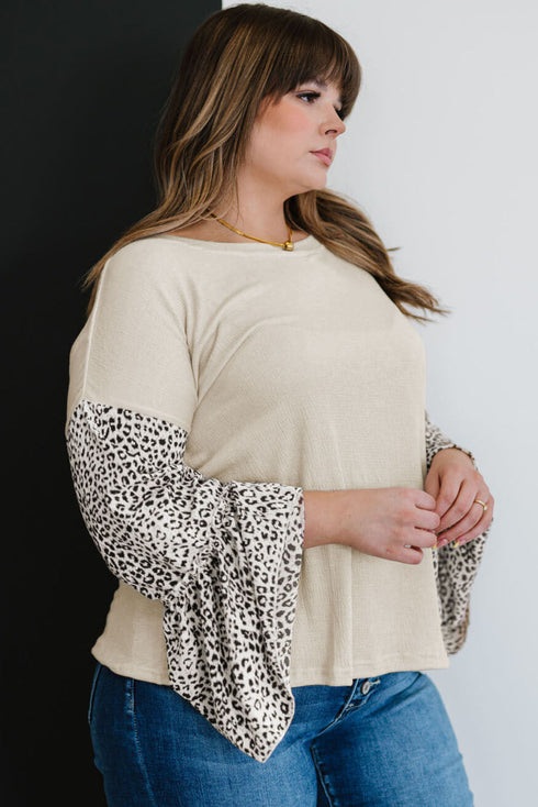 Beige Leopard Bell Sleeve Patchwork Plus Size Top