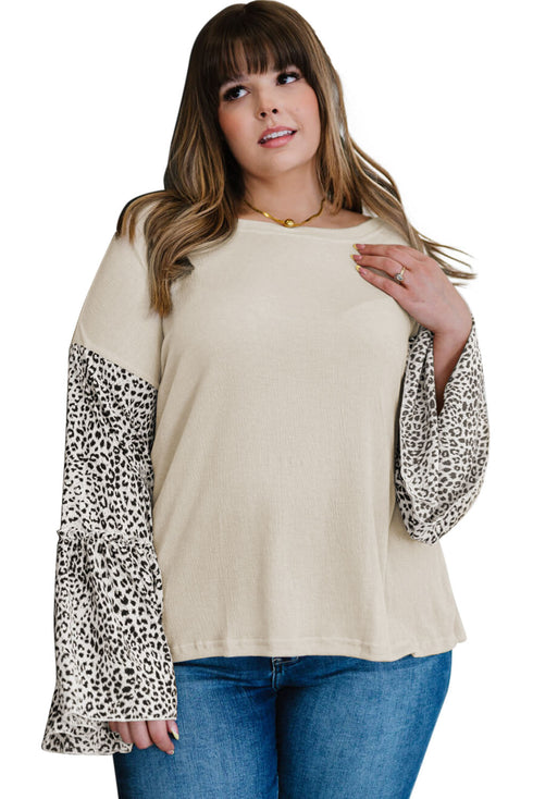 Beige Leopard Bell Sleeve Patchwork Plus Size Top