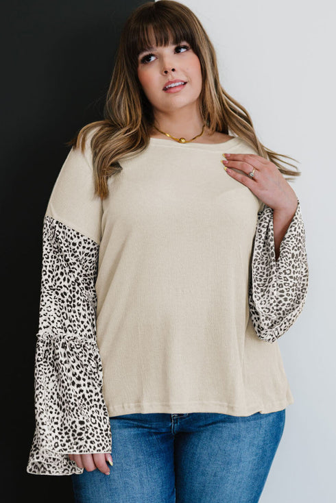 Beige Leopard Bell Sleeve Patchwork Plus Size Top