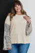Beige Leopard Bell Sleeve Patchwork Plus Size Top