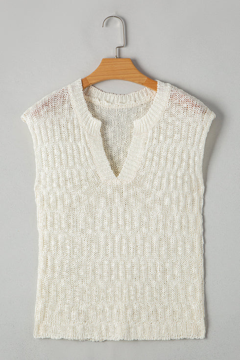 Beige Notched V Neck Short Sleeve Sweater