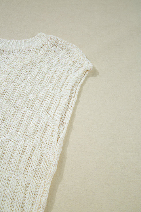 Beige Notched V Neck Short Sleeve Sweater