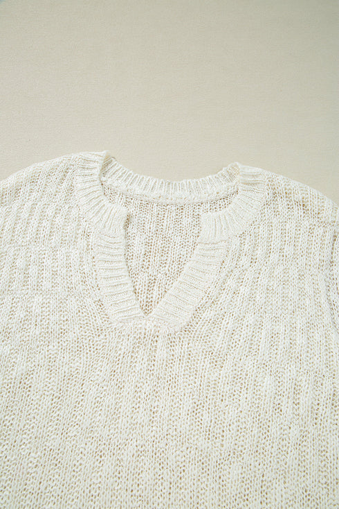 Beige Notched V Neck Short Sleeve Sweater