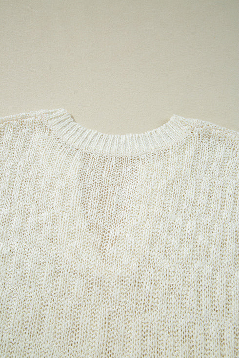 Beige Notched V Neck Short Sleeve Sweater