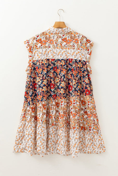 Beige Plus Size Floral Patchwork Button Front Collared Mini Dress