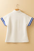 Beige Preppy Striped Trim Textured Quarter Zipper Colorblock Short Sleeve Top