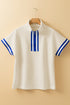 Beige Preppy Striped Trim Textured Quarter Zipper Colorblock Short Sleeve Top