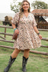 Beige Printed Surplice V Neck Cuffed Sleeve Empire Waist Plus Size Dress