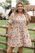 Beige Printed Surplice V Neck Cuffed Sleeve Empire Waist Plus Size Dress
