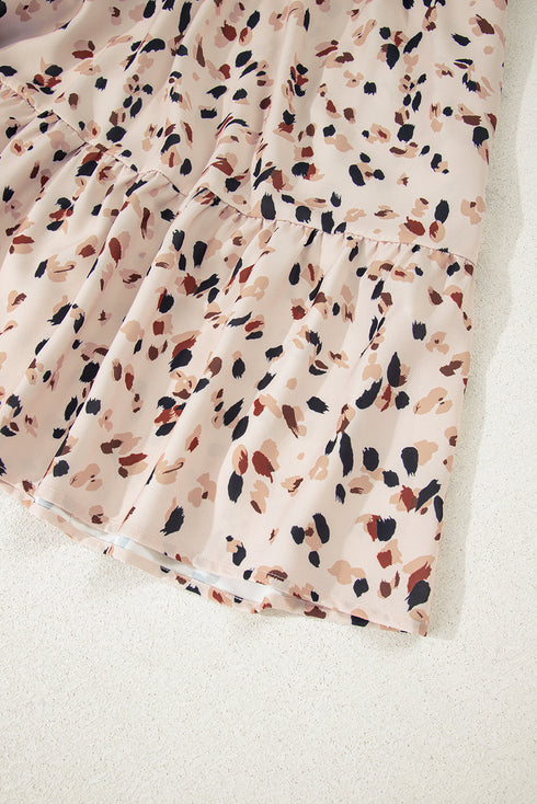 Beige Printed Surplice V Neck Cuffed Sleeve Empire Waist Plus Size Dress