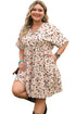 Beige Printed Surplice V Neck Cuffed Sleeve Empire Waist Plus Size Dress