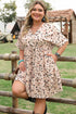 Beige Printed Surplice V Neck Cuffed Sleeve Empire Waist Plus Size Dress