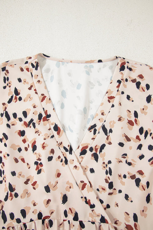Beige Printed Surplice V Neck Cuffed Sleeve Empire Waist Plus Size Dress