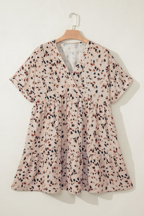 Beige Printed Surplice V Neck Cuffed Sleeve Empire Waist Plus Size Dress