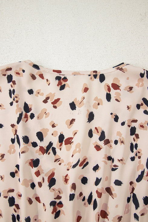 Beige Printed Surplice V Neck Cuffed Sleeve Empire Waist Plus Size Dress