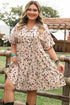Beige Printed Surplice V Neck Cuffed Sleeve Empire Waist Plus Size Dress