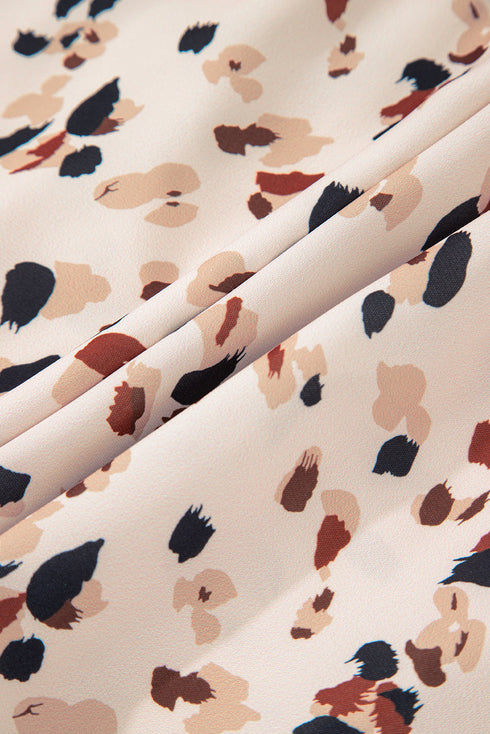 Beige Printed Surplice V Neck Cuffed Sleeve Empire Waist Plus Size Dress