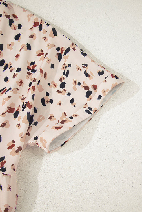 Beige Printed Surplice V Neck Cuffed Sleeve Empire Waist Plus Size Dress