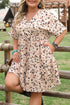 Beige Printed Surplice V Neck Cuffed Sleeve Empire Waist Plus Size Dress