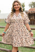 Beige Printed Surplice V Neck Cuffed Sleeve Empire Waist Plus Size Dress