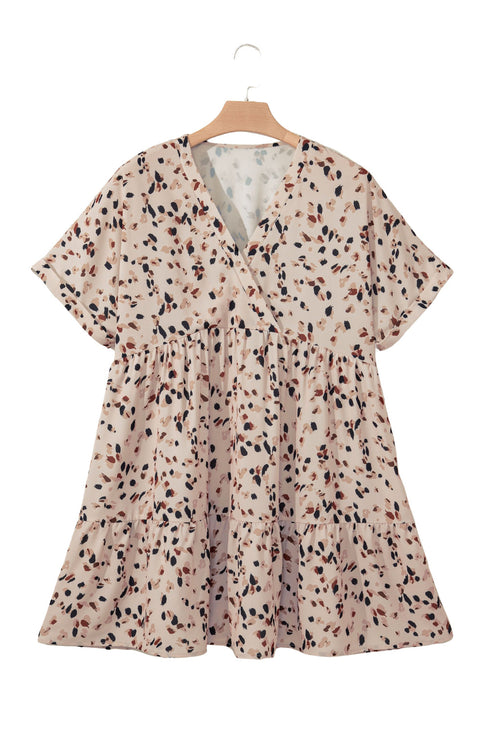 Beige Printed Surplice V Neck Cuffed Sleeve Empire Waist Plus Size Dress