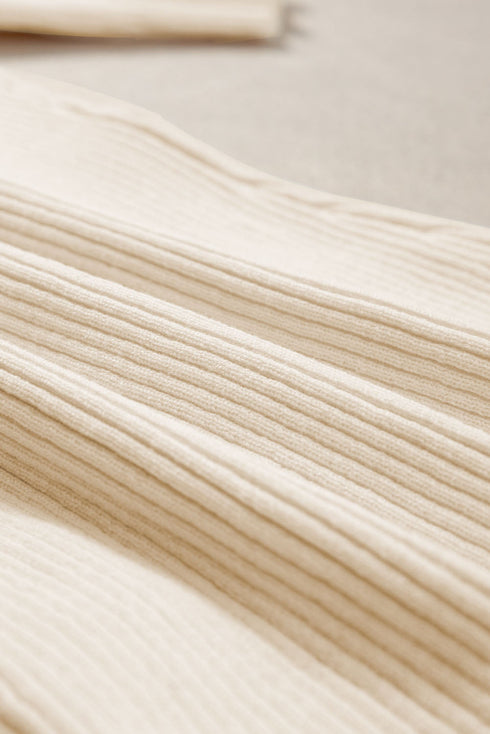 Beige Ribbed Knit Contrast Cuffed Short Sleeve Polo Sweater