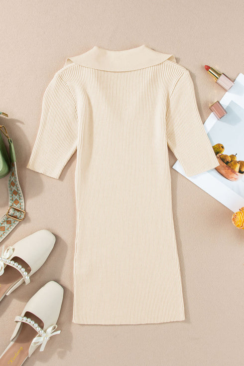 Beige Ribbed Knit Contrast Cuffed Short Sleeve Polo Sweater