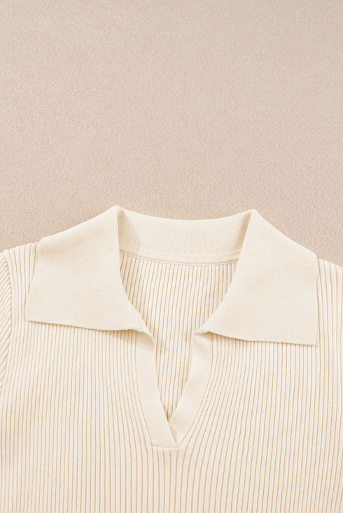 Beige Ribbed Knit Contrast Cuffed Short Sleeve Polo Sweater