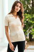 Beige Ribbed Knit Contrast Cuffed Short Sleeve Polo Sweater