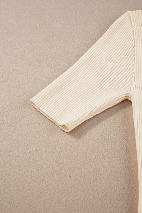 Beige Ribbed Knit Contrast Cuffed Short Sleeve Polo Sweater