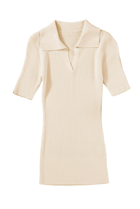 Beige Ribbed Knit Contrast Cuffed Short Sleeve Polo Sweater