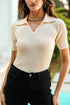 Beige Ribbed Knit Contrast Cuffed Short Sleeve Polo Sweater