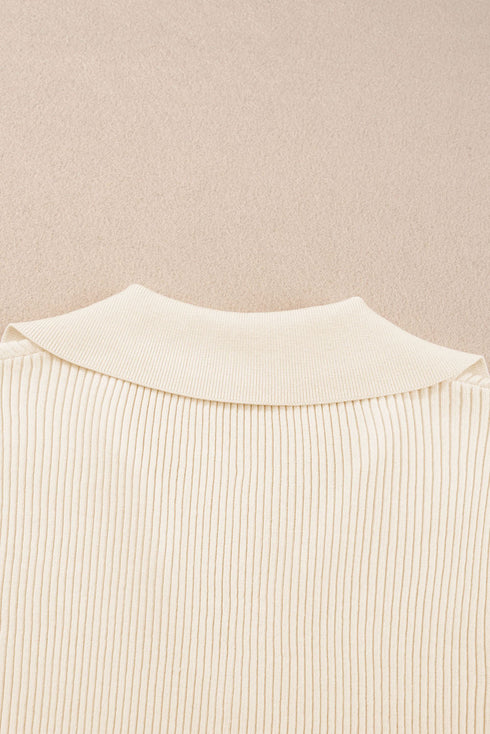 Beige Ribbed Knit Contrast Cuffed Short Sleeve Polo Sweater