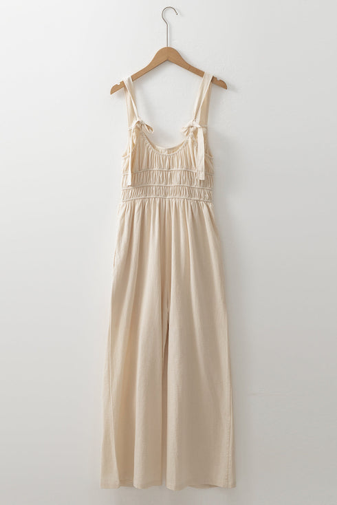 Beige Ruched High Waist Sleeveless Wide Leg Jumpsuit