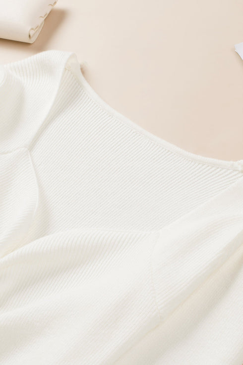 Beige Ruched Sweetheart Neckline Rib Knit Sweater