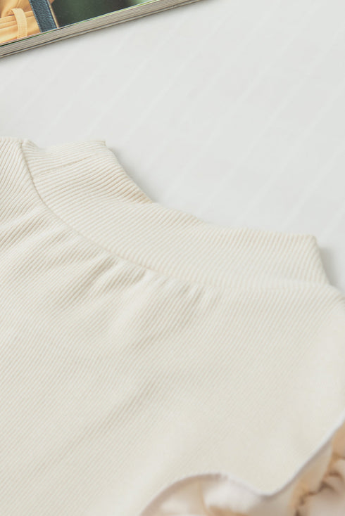 Beige Ruffle Flutter Sleeve High Neck Ribbed Blouse